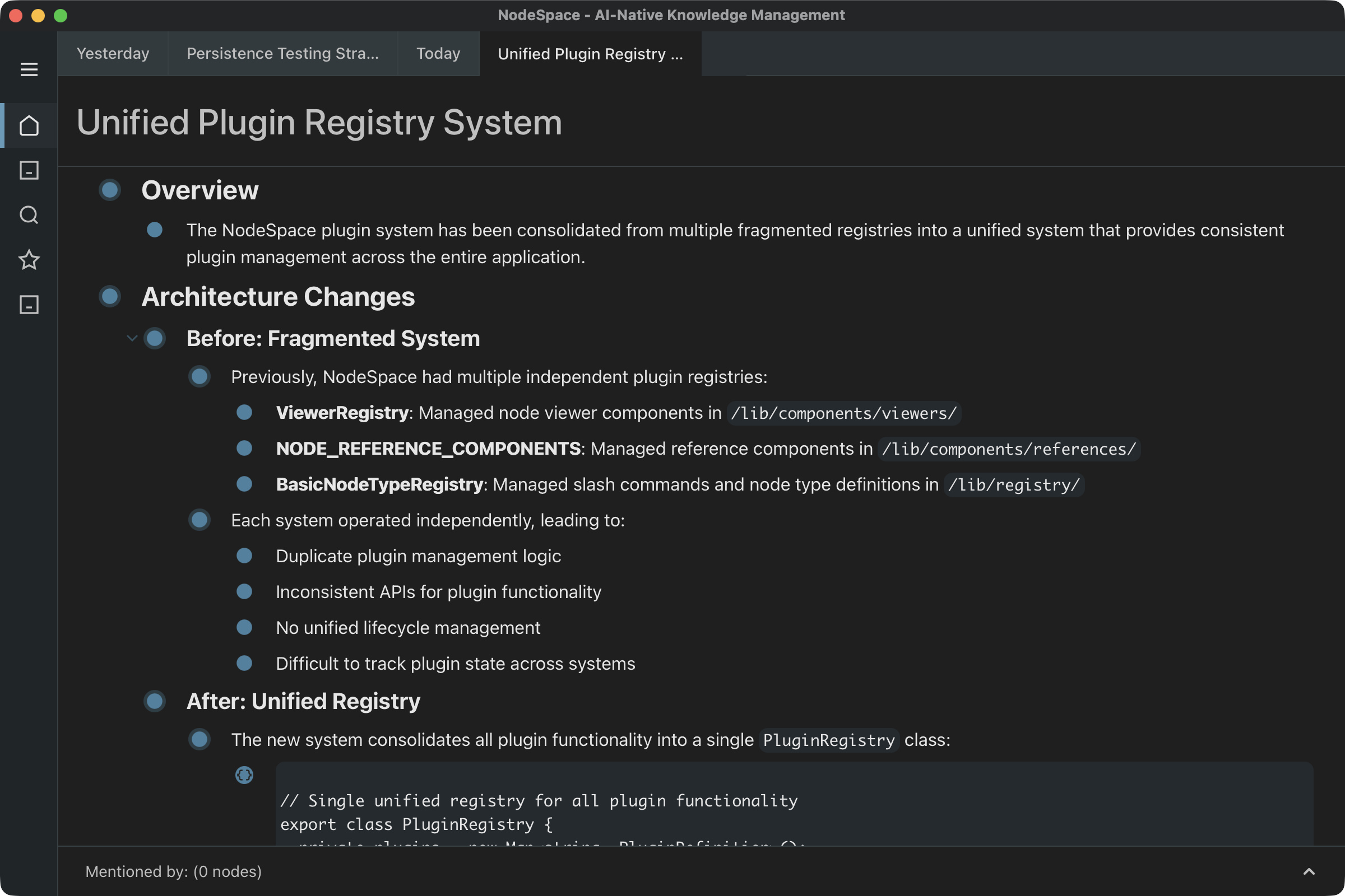 NodeSpace desktop app showing structured documentation with semantic search